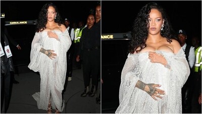 Rihanna stole the spotlight at the Alaïa Spring 2025 show in a custom crystal mesh coat that draped off her shoulders, revealing a glimpse of her white corset beneath. (Instagram) Rihanna stole the spotlight at the Alaïa Spring 2025 show in a custom crystal mesh coat that draped off her shoulders, revealing a glimpse of her white corset beneath. (Instagram)