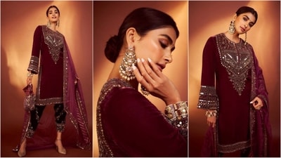 Pooja Hegde’s maroon ethnic look is perfect for festive inspiration. Her kurta dazzles with mesmerizing mirror work, and when paired with black pants and jhumka earrings, she truly rocks the ensemble. (Instagram) Pooja Hegde’s maroon ethnic look is perfect for festive inspiration. Her kurta dazzles with mesmerizing mirror work, and when paired with black pants and jhumka earrings, she truly rocks the ensemble. (Instagram)