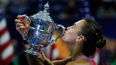 Aryna Sabalenka of Belarus poses with her trophy after the final of the women’s singles on day thirteen of the U.S. Open tennis tournament at the USTA Billie Jean King National Tennis Center. (Reuters)