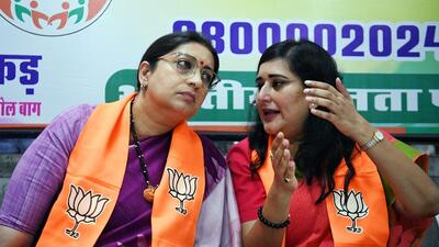 Former Union minister Smriti Irani and BJP MP Bansuri Swaraj at the membership drive in New Delhi on Sunday. (ANI) Former Union minister Smriti Irani and BJP MP Bansuri Swaraj at the membership drive in New Delhi on Sunday. (ANI)