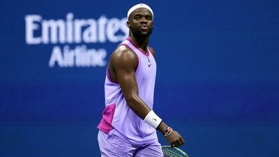 Frances Tiafoe reacts during his US Open semi-final match. (Getty Images via AFP)