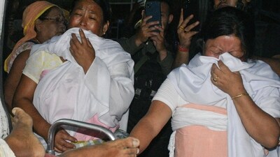 Family members of a person who was killed when a missile struck mourn at Moirang in Manipur on September 6, 2024. (REUTERS)