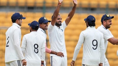 India A bowler Akash Deep celebrates with teammates after taking the wicket of India B batter Musheer Khan (PTI) India A bowler Akash Deep celebrates with teammates after taking the wicket of India B batter Musheer Khan (PTI)