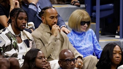 US track and field athlete Noah Lyles (L), British Formula One driver Lewis Hamilton were also present. (AFP) US track and field athlete Noah Lyles (L), British Formula One driver Lewis Hamilton were also present. (AFP)