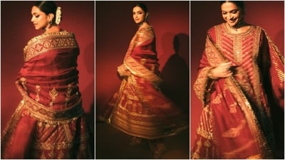 Deepika looked like royalty in this sindoori red anarkali suit set she wore to attend Anant Ambani and Radhika Merchant's wedding functions. She paired zardosi and gota embroidered outfit with a choker necklace, gajra-adorned bun, jhumkis, rings, and kadhas. (Instagram) Deepika looked like royalty in this sindoori red anarkali suit set she wore to attend Anant Ambani and Radhika Merchant's wedding functions. She paired zardosi and gota embroidered outfit with a choker necklace, gajra-adorned bun, jhumkis, rings, and kadhas. (Instagram)
