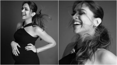 Deepika wore this chic black dress to promote her film Kalki 2898 AD. The figure-hugging ensemble displayed her baby bump and featured a halter neckline, a brooch embroidered on the front, and a midi length. She styled the outfit with a messy ponytail, minimal glam, bracelets, rings, and dainty earrings. (Instagram) Deepika wore this chic black dress to promote her film Kalki 2898 AD. The figure-hugging ensemble displayed her baby bump and featured a halter neckline, a brooch embroidered on the front, and a midi length. She styled the outfit with a messy ponytail, minimal glam, bracelets, rings, and dainty earrings. (Instagram)
