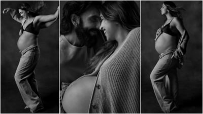 Recently, Deepika and Ranveer shared a beautiful maternity shoot with their fans. For the black-and-white pictures, Deepika wore stunning ensembles and gave us some of her best pregnancy looks. Here, she is seen in a button-down knit cardigan, a lace bralette, and baggy denim jeans. (Instagram) Recently, Deepika and Ranveer shared a beautiful maternity shoot with their fans. For the black-and-white pictures, Deepika wore stunning ensembles and gave us some of her best pregnancy looks. Here, she is seen in a button-down knit cardigan, a lace bralette, and baggy denim jeans. (Instagram)