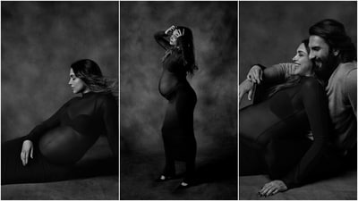 For the last look of her maternity shoot, Deepika wore a fitted see-through blouse and a bodycon midi skirt. The actor wore the ensemble with a bralette and stilettos. (Instagram) For the last look of her maternity shoot, Deepika wore a fitted see-through blouse and a bodycon midi skirt. The actor wore the ensemble with a bralette and stilettos. (Instagram)