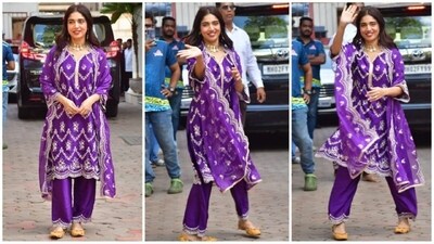 Bhumi Pednekar recently stunned in a beautiful purple ethnic ensemble. The outfit featured intricate golden embellishments throughout the suit, which she paired with matching palazzo pants and a duppata, making her look absolutely gorgeous. (HT photo/VarinderChawla) Bhumi Pednekar recently stunned in a beautiful purple ethnic ensemble. The outfit featured intricate golden embellishments throughout the suit, which she paired with matching palazzo pants and a duppata, making her look absolutely gorgeous. (HT photo/VarinderChawla)