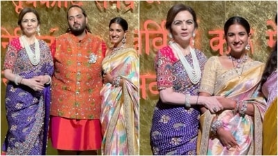 Radhika Merchant, Nita Ambani, and Anant Ambani pose for the paparazzi at Ganesh Chaturthi celebrations. (Instagram) Radhika Merchant, Nita Ambani, and Anant Ambani pose for the paparazzi at Ganesh Chaturthi celebrations. (Instagram)