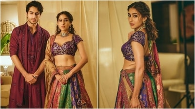 Sara Ali Khan dazzles in a one-of-a-kind lehenga made with vintage brocade sarees. (Instagram) Sara Ali Khan dazzles in a one-of-a-kind lehenga made with vintage brocade sarees. (Instagram)