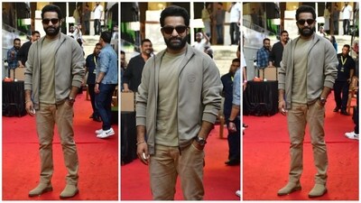 Jr NTR shows how to keep it casual yet stylish, donning an olive green basic t-shirt paired with a matching jacket and denim pants, effortlessly rocking the monotone hues like a pro. (HT photo/VarinderChawla)