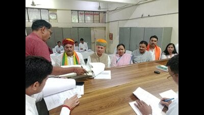 BJP candidate from Rewari assembly segment Laxman Yadav filed his nomination papers on Monday. (HT Photo)