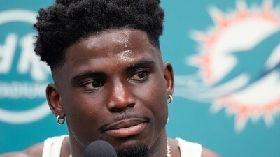 Miami Dolphins wide receiver Tyreek Hill speaks during an NFL football post game news conference, Sunday, Sept. 8, 2024, in Miami Gardens, Fla. The Dolphins defeated the Jaguars 20-17. (AP Photo/Rebecca Blackwell) (AP)