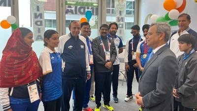 Indian ambassador to France Jawed Ashraf with members of Indian Paralympics contingent. Indian ambassador to France Jawed Ashraf with members of Indian Paralympics contingent.