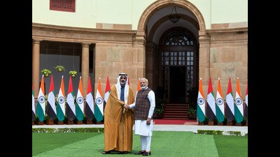 New Delhi, Sep 9 (ANI): Prime Minister Narendra Modi meets with Abu Dhabi Crown Prince Sheikh Khaled bin Mohamed bin Zayed Al Nahyan, at Hyderabad House, in New Delhi on Monday. (ANI Photo/Rahul Singh) (Rahul Singh) New Delhi, Sep 9 (ANI): Prime Minister Narendra Modi meets with Abu Dhabi Crown Prince Sheikh Khaled bin Mohamed bin Zayed Al Nahyan, at Hyderabad House, in New Delhi on Monday. (ANI Photo/Rahul Singh) (Rahul Singh)