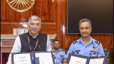 Officials after Indian Army and Indian Air Force signed an MoU with Gati Shakti Vishwavidyalaya on Monday. (PTI)