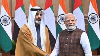 Prime Minister Narendra Modi welcomes Abu Dhabi's Crown Prince Sheikh Khaled Bin Mohammed Bin Zayed Al Nahyan upon his arrival at the Hyderabad House in Delhi on Monday. (Arvind Yadav/HT Photo) Prime Minister Narendra Modi welcomes Abu Dhabi's Crown Prince Sheikh Khaled Bin Mohammed Bin Zayed Al Nahyan upon his arrival at the Hyderabad House in Delhi on Monday. (Arvind Yadav/HT Photo)