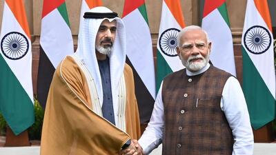Prime Minister Narendra Modi welcomes Abu Dhabi's Crown Prince Sheikh Khaled Bin Mohammed Bin Zayed Al Nahyan on his arrival at Hyderabad House in New Delhi, on Monday. (Arvind Yadav/HT Photo) Prime Minister Narendra Modi welcomes Abu Dhabi's Crown Prince Sheikh Khaled Bin Mohammed Bin Zayed Al Nahyan on his arrival at Hyderabad House in New Delhi, on Monday. (Arvind Yadav/HT Photo)