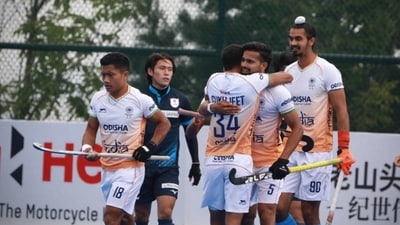 Sukhjeet Singh struck a brace as defending champions India thrashed Japan 5-1 in a league match to notch up their second consecutive win in the men's Hero Asian Champions Trophy on Monday. (Hockey India) Sukhjeet Singh struck a brace as defending champions India thrashed Japan 5-1 in a league match to notch up their second consecutive win in the men's Hero Asian Champions Trophy on Monday. (Hockey India)