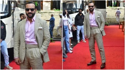 Saif Ali Khan is getting more stylish by the day, and his latest look is proof of that. He donned a light pink t-shirt paired with a beige blazer and pants. Styled with brown loafers and black sunglasses, he looked effortlessly dapper. (HT photo/VarinderChawla)