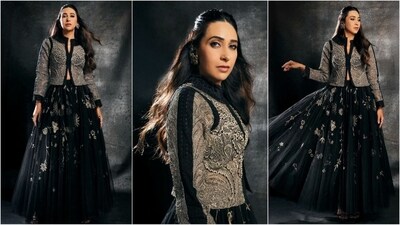 Karisma Kapoor radiates ethnic elegance in a black netted flared lehenga adorned with golden floral embroidery. Paired with a stylish embellished jacket top, she looks absolutely stunning. (Instagram/@therealkarismakapoor)