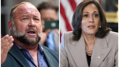 Alex Jones alleged that Harris “is going to be on drugs” and “going to be bombed out of her gourd”. (AP) Alex Jones alleged that Harris “is going to be on drugs” and “going to be bombed out of her gourd”. (AP)
