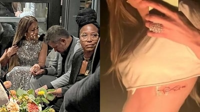 The photo combines an image of Jennifer Lopez and Matt Damon interacting at TIFF with a previous photo of Jennifer Lopez’s tattoo, which she shared on her Instagram a year ago.