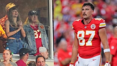 Taylor Swift attends the season opener game to support Travis Kelce.
Credit: Jay Biggerstaff-Imagn Images, David Eulitt/Getty Images/AFP (Photo by David Eulitt / GETTY IMAGES NORTH AMERICA / Getty Images via AFP) Taylor Swift attends the season opener game to support Travis Kelce.
Credit: Jay Biggerstaff-Imagn Images, David Eulitt/Getty Images/AFP (Photo by David Eulitt / GETTY IMAGES NORTH AMERICA / Getty Images via AFP)