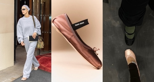 Miu Miu's satin ballet flats are a big hit among the likes of Bella Hadid (left) and Ariana Grande (right) Miu Miu's satin ballet flats are a big hit among the likes of Bella Hadid (left) and Ariana Grande (right)