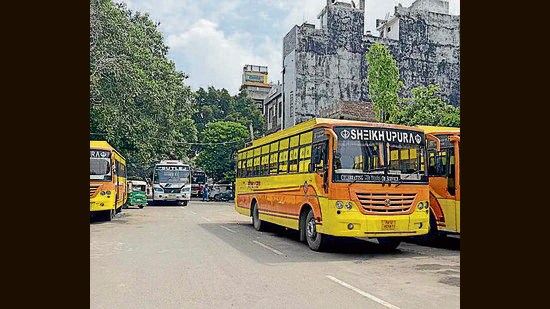 Private buses parked haphazardly near the bus stand in Ludhiana on Monday. (HT Photo)