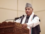 Congress President Mallikarjun Kharge speaks during the party workers' meeting, in Srinagar, Thursday, Aug. 22, 2024. 