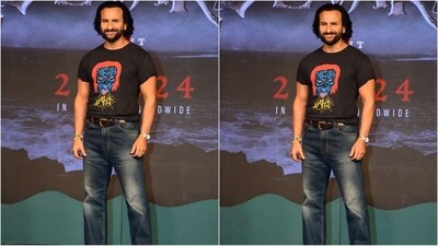 Saif Ali Khan nailed a cool, casual vibe for the promotion of Devara: Part 1, rocking a black graphic t-shirt tucked into denim jeans with the help of a sleek, stylish belt. (HT photo/VarinderChawla) Saif Ali Khan nailed a cool, casual vibe for the promotion of Devara: Part 1, rocking a black graphic t-shirt tucked into denim jeans with the help of a sleek, stylish belt. (HT photo/VarinderChawla)