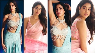 Janhvi Kapoor is here to steal hearts in her breathtaking ‘apsara avatar.’ As she promotes her upcoming movie, Devara: Part 1, her glamorous ethnic outfits are creating a buzz on social media. From blush pink saree to an ice blue beaded drape, her looks are all about elegance. Let's decode her latest looks and take some fashion notes. (Instagram/@janhvikapoor) Janhvi Kapoor is here to steal hearts in her breathtaking ‘apsara avatar.’ As she promotes her upcoming movie, Devara: Part 1, her glamorous ethnic outfits are creating a buzz on social media. From blush pink saree to an ice blue beaded drape, her looks are all about elegance. Let's decode her latest looks and take some fashion notes. (Instagram/@janhvikapoor)