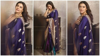 Kajol stuns in a purple saree with regal golden borders, serving up major ethnic fashion inspiration and radiating royal elegance. (Instagram) Kajol stuns in a purple saree with regal golden borders, serving up major ethnic fashion inspiration and radiating royal elegance. (Instagram)