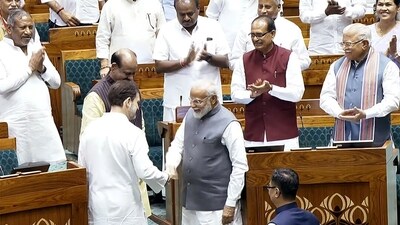 Prime Minister Narendra Modi and LOP Rahul Gandhi exchange handshake in Lok Sabha on June 26. (ANI Photo/Sansad TV) Prime Minister Narendra Modi and LOP Rahul Gandhi exchange handshake in Lok Sabha on June 26. (ANI Photo/Sansad TV)