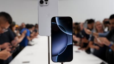 The new iPhone 16 is displayed during an announcement of new products at Apple headquarters in Cupertino, California. (AP) The new iPhone 16 is displayed during an announcement of new products at Apple headquarters in Cupertino, California. (AP)