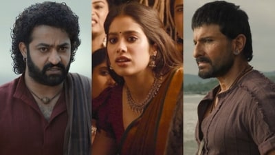 Devara trailer: Jr NTR, Janhvi Kapoor and Saif Ali Khan in stills from the film. Devara trailer: Jr NTR, Janhvi Kapoor and Saif Ali Khan in stills from the film.