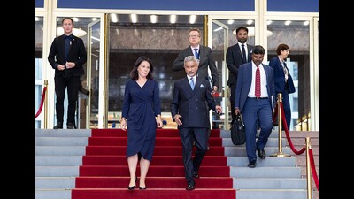 External affairs minister S Jaishankar with his German counterpart Annalena Baerbock in Berlin on Tuesday. (S Jaishankar- X) External affairs minister S Jaishankar with his German counterpart Annalena Baerbock in Berlin on Tuesday. (S Jaishankar- X)
