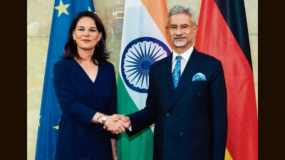 External affairs minister S Jaishankar with his German counterpart Annalena Baerbock in Berlin on Tuesday. (PTI)