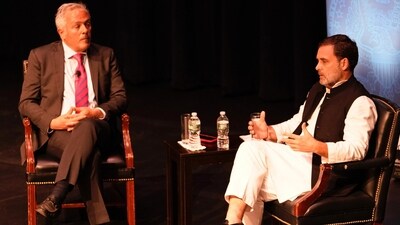 Congress MP Rahul Gandhi during an interaction with students at Georgetown University, Washington DC, USA, on Monday (local time), (PTI)