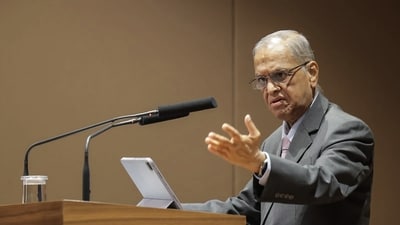 Narayana Murthy advised against parents watching movies while urging their children to study, advocating for discipline and leading by example. He also criticized coaching classes, suggesting they reflect a lack of classroom attention. (PTI) Narayana Murthy advised against parents watching movies while urging their children to study, advocating for discipline and leading by example. He also criticized coaching classes, suggesting they reflect a lack of classroom attention. (PTI)
