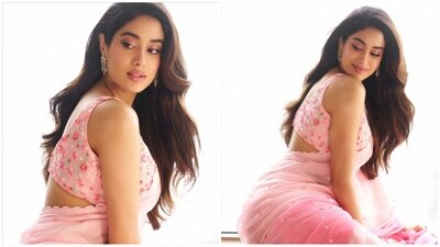 Janhvi's look, perfected by makeup artist Savleen Kaur Manchanda, featured pink eyeshadow, winged eyeliner and glossy lips. With the help of hair stylist Marce Pedrozo she styled her tresses in soft curls and left loose in side partition. (Instagram/@janhvikapoor) Janhvi's look, perfected by makeup artist Savleen Kaur Manchanda, featured pink eyeshadow, winged eyeliner and glossy lips. With the help of hair stylist Marce Pedrozo she styled her tresses in soft curls and left loose in side partition. (Instagram/@janhvikapoor)