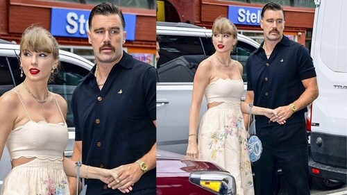Taylor Swift in an elegant strappy cream floral dress with cut-out details and a scalloped neckline. (Photos: X) Taylor Swift in an elegant strappy cream floral dress with cut-out details and a scalloped neckline. (Photos: X)