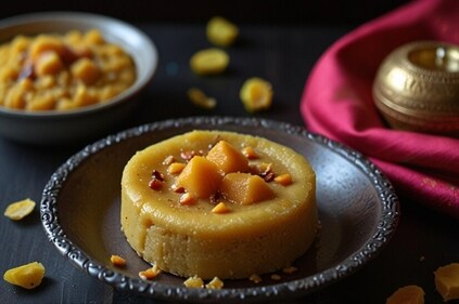 The rich, nutty flavour and creamy texture of besan halwa makes it a beloved bhog offering The rich, nutty flavour and creamy texture of besan halwa makes it a beloved bhog offering