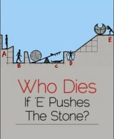 Reddit brain teaser sparks debate as users try to solve who will die when "E" pushes a boulder down a ramp, leading to a chain reaction. Theories abound! (Reddit/theydidthemath)
