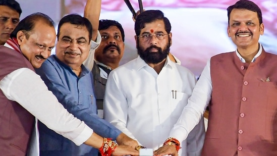 Union minister Nitin Gadkari, Maharashtra chief minister Eknath Shinde, deputy chief ministers Devendra Fadnavis and Ajit Pawar in Nagpur. (PTI file)