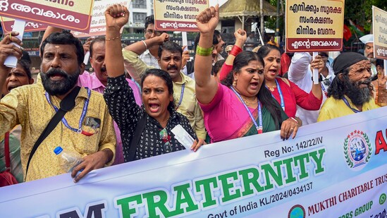 Members of Malayalam film fraternity stage a protest march after the release of the Hema committee report (PTI Photo) (PTI)