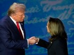 Republican presidential nominee former President Donald Trump shakes hands with Democratic presidential nominee Vice President Kamala Harris during an ABC News presidential debate at the National Constitution Center, Tuesday, Sept.10, 2024, in Philadelphia. AP/PTI(AP09_11_2024_000032A) Republican presidential nominee former President Donald Trump shakes hands with Democratic presidential nominee Vice President Kamala Harris during an ABC News presidential debate at the National Constitution Center, Tuesday, Sept.10, 2024, in Philadelphia. AP/PTI(AP09_11_2024_000032A)