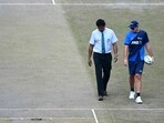 Match Referee Javagal Srinath (L) along with New Zealand's captain Tim Southee inspect the pitch Match Referee Javagal Srinath (L) along with New Zealand's captain Tim Southee inspect the pitch